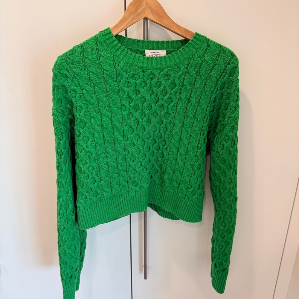 & Other Stories Bright Green Cable-Knit Crewneck Sweater / Size Medium